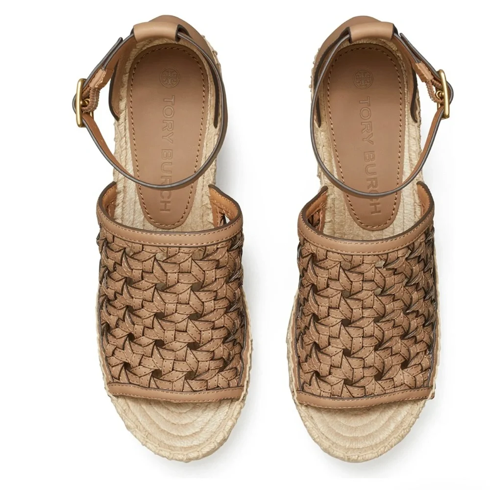 Tory Burch Basketweave Espadrille Ankle Strap Wedges Leather, NWT, Size 10